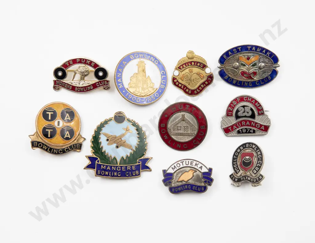 Collection Ten Enamelled NZ Bowling Club Badges Image 1++