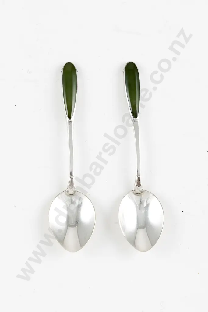 Two NZ Silver & Greenstone Handled Demi-Tasse Coffee Spoons Image 1++