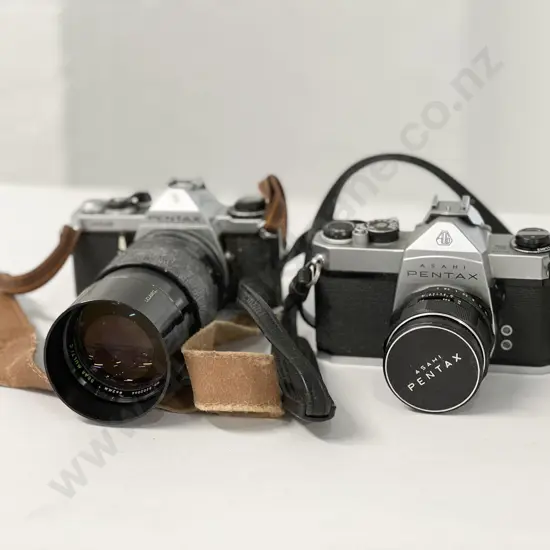 Pair of Pentax SLRs with Flash & Camera Bag
