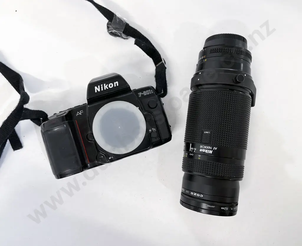 Nikon F-801s with Accompanying Flash & Nikkor Telephoto Lens in Camera Bag Image 1++