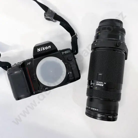 Nikon F-801s with Accompanying Flash & Nikkor Telephoto Lens in Camera Bag
