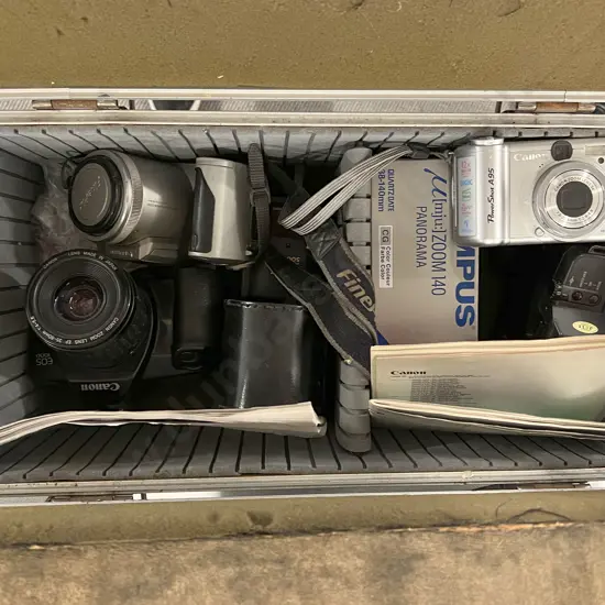 Pair of Canon EOS SLRs, One Canon Point & Shoot, One FujiFilm Telephoto Camcorder & Olympus Zoom 140 in Flight Case