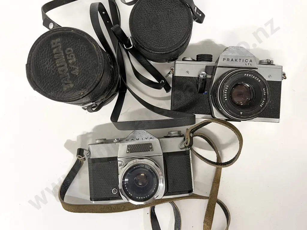 Mamiya & Praktica SLRs with Lenses & Leather Bag Image 1++