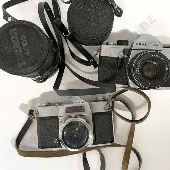 Mamiya & Praktica SLRs with Lenses & Leather Bag