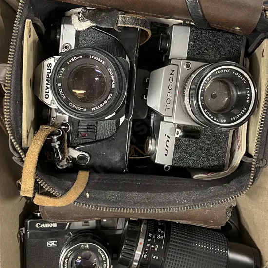 Three Cameras Including Olympus OM 10 with Camera Bag and Accessories