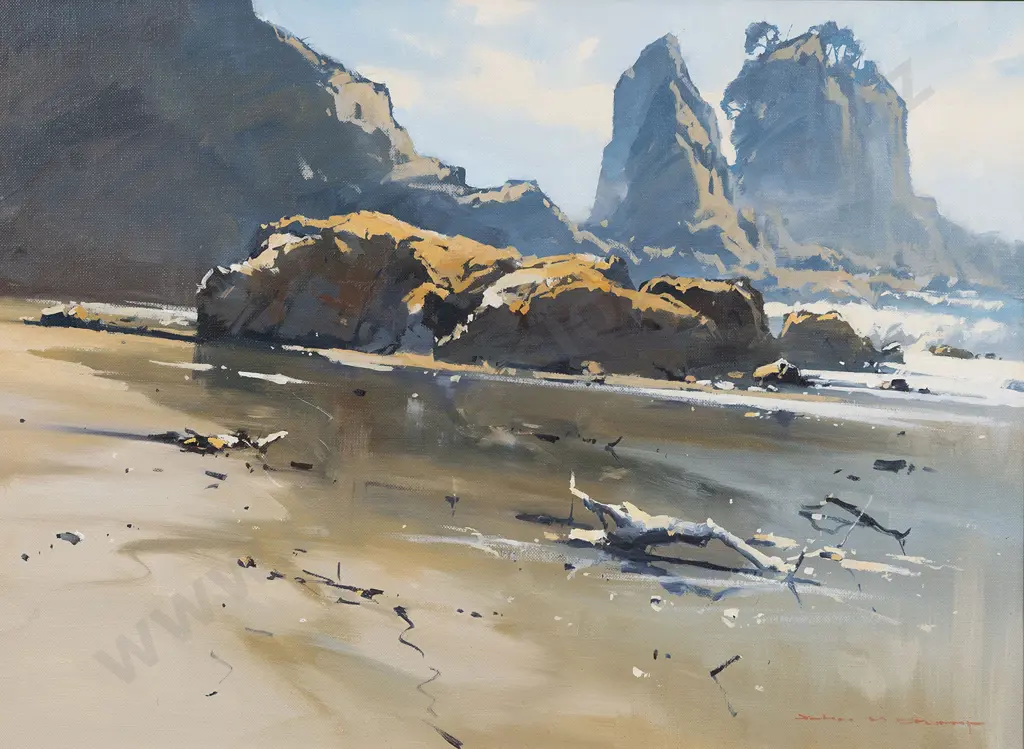 John Crump (b 1943) - Low Tide Otama Beach Image 1++