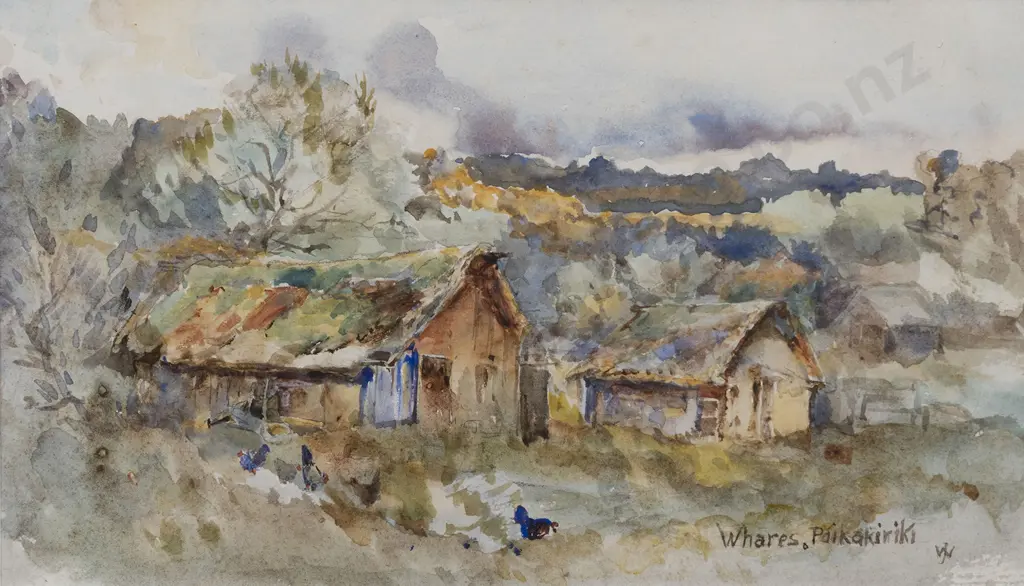 Jane Wimperis (1838 - 1927) - Whares at Paikakiriki Image 1++