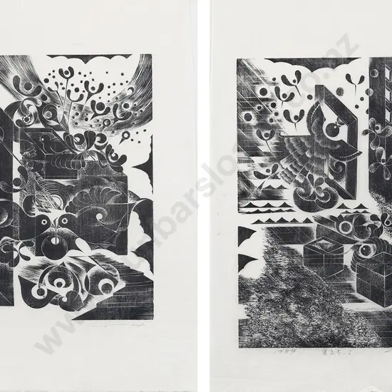 Kunimi Kumamoto - Two Black and White Woodblock Prints