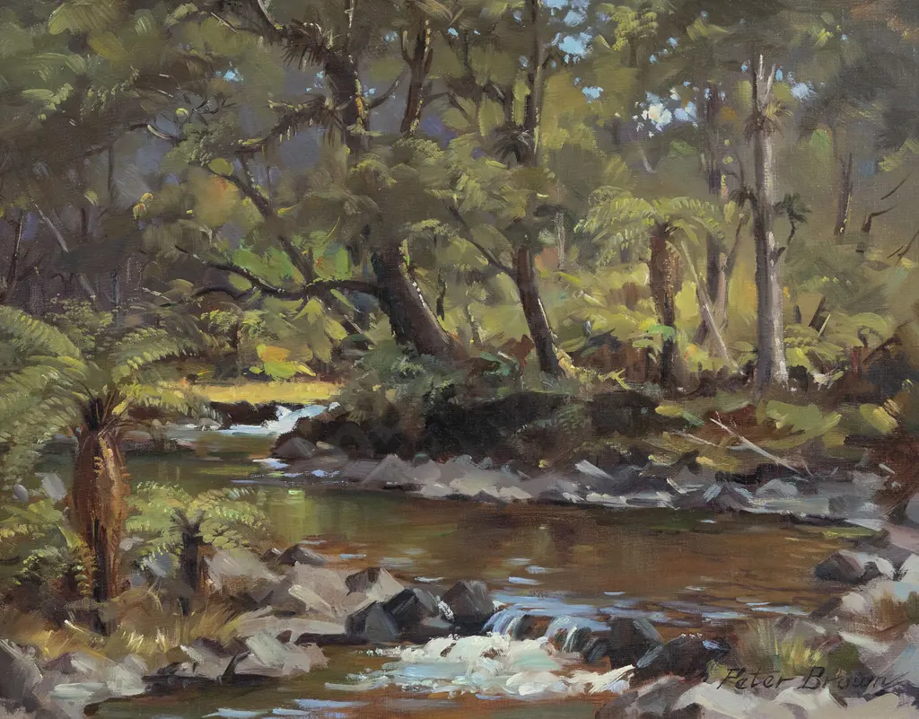 Peter Brown (1921-2005) - Te Hoe Stream Whirinaki Forest Image 1++