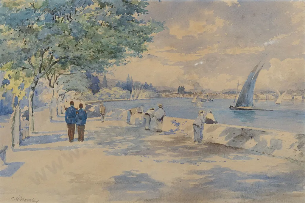 C N Worsley - Italian Coastal Study With Small Boats and Figures Image 1++