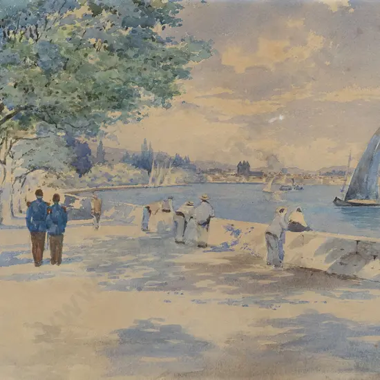 C N Worsley - Italian Coastal Study With Small Boats and Figures