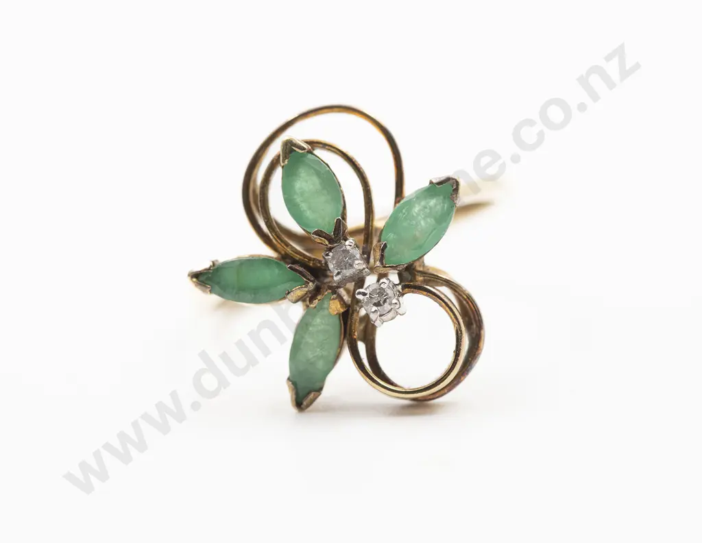 14ct Six Stone Emerald and Diamond Floret Cluster Dress Ring Image 1++