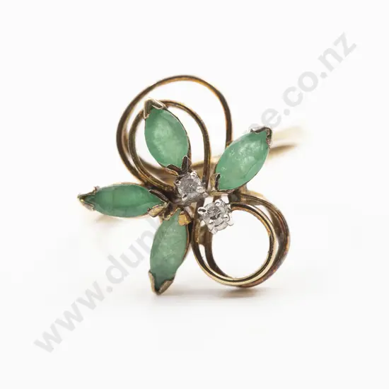 14ct Six Stone Emerald and Diamond Floret Cluster Dress Ring