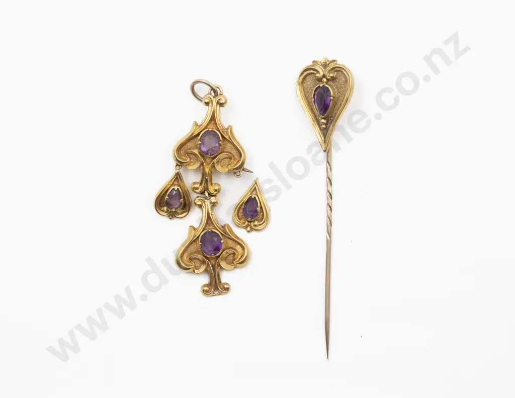 Victorian 15ct Amethyst Double Scroll Pendant and Stick Pin Image 1++