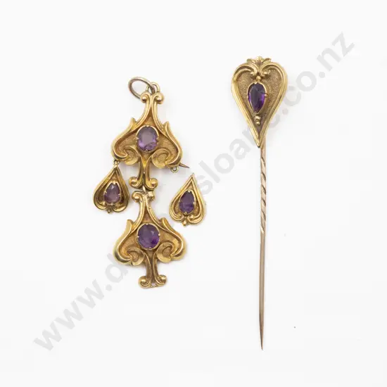 Victorian 15ct Amethyst Double Scroll Pendant and Stick Pin