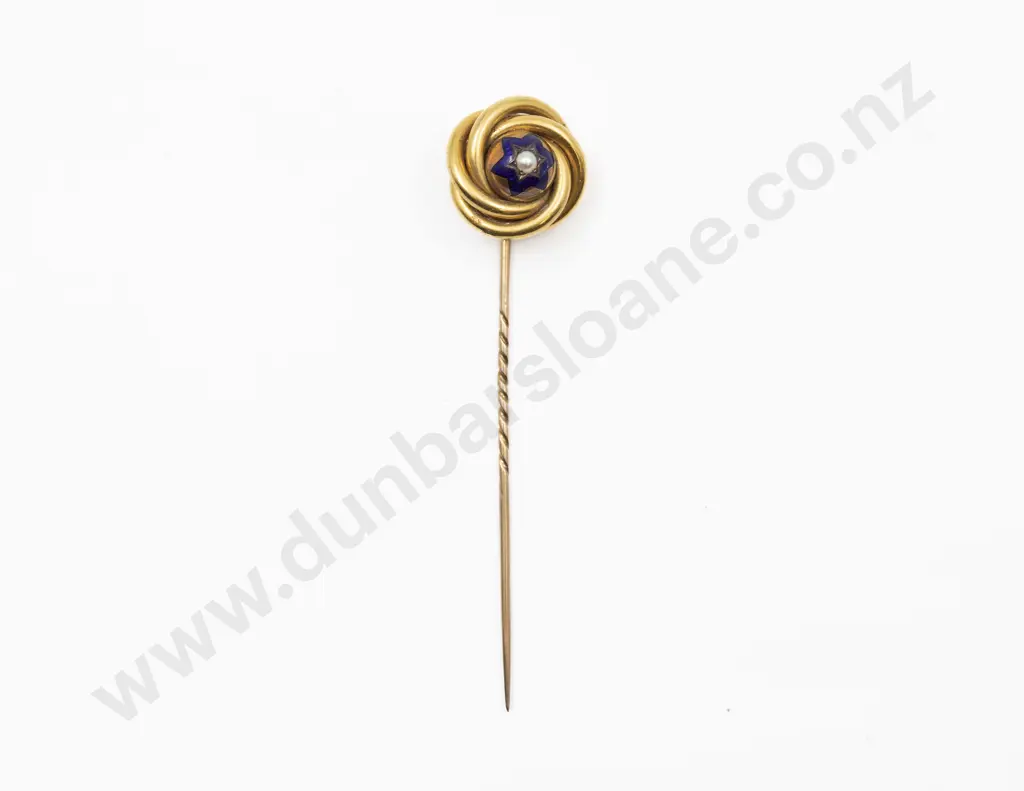 Cased Victorian 15ct Enamel and Single Pearl Swirl Stick Pin Image 1++