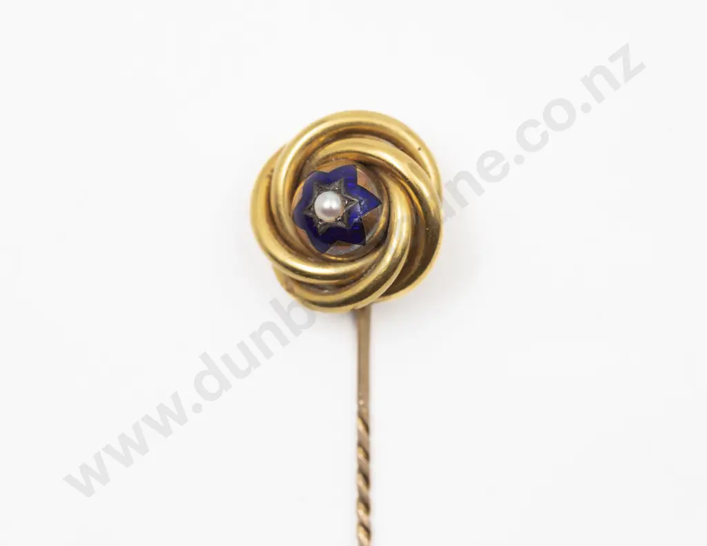 Cased Victorian 15ct Enamel and Single Pearl Swirl Stick Pin Image 1++