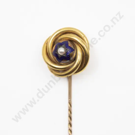 Cased Victorian 15ct Enamel and Single Pearl Swirl Stick Pin