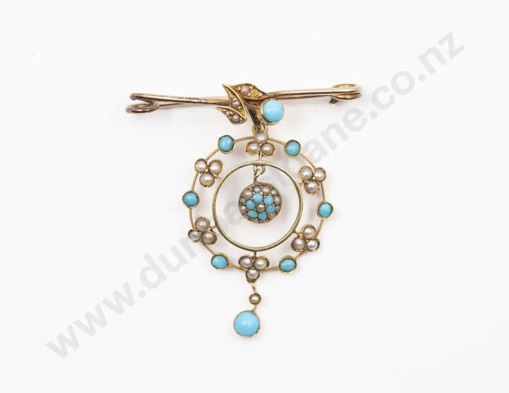 Edwardian 15ct Turquoise and Seed Pearl Circlet Pendant Image 1++