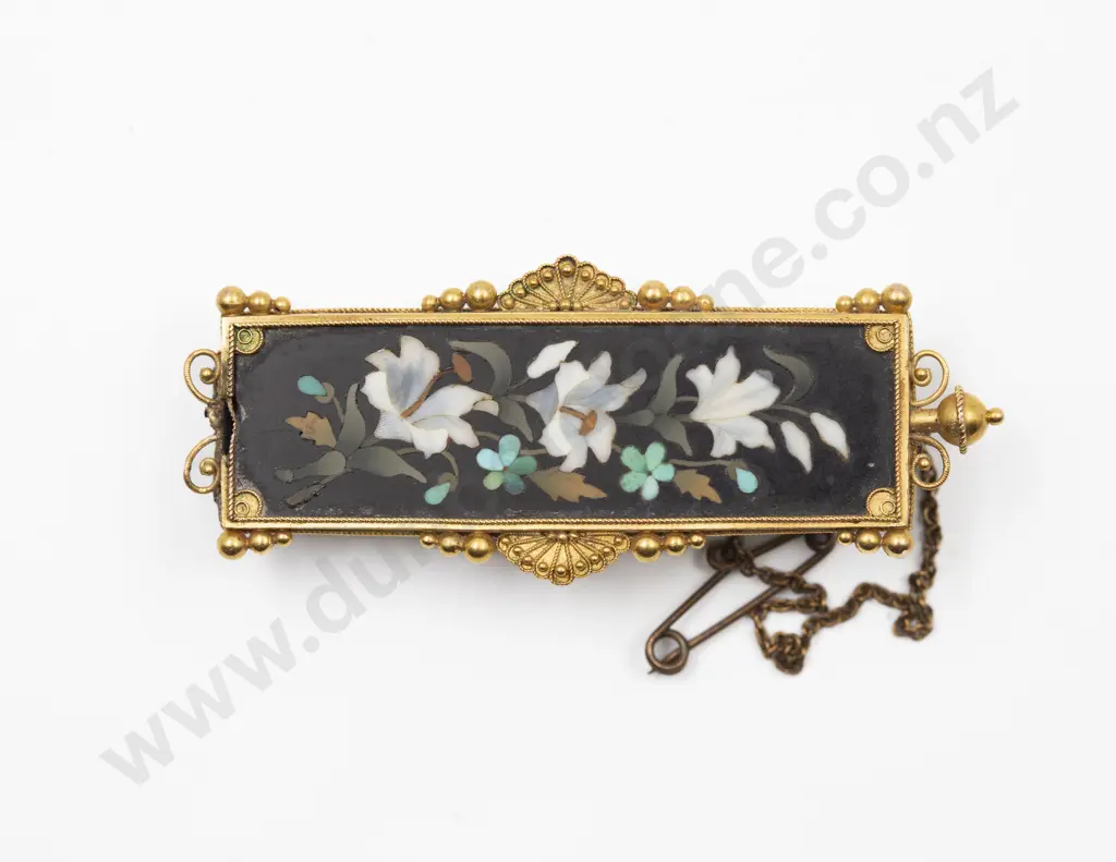 Victorian 15ct Framed Pietra Dura Rectangular Panel Brooch Image 1++