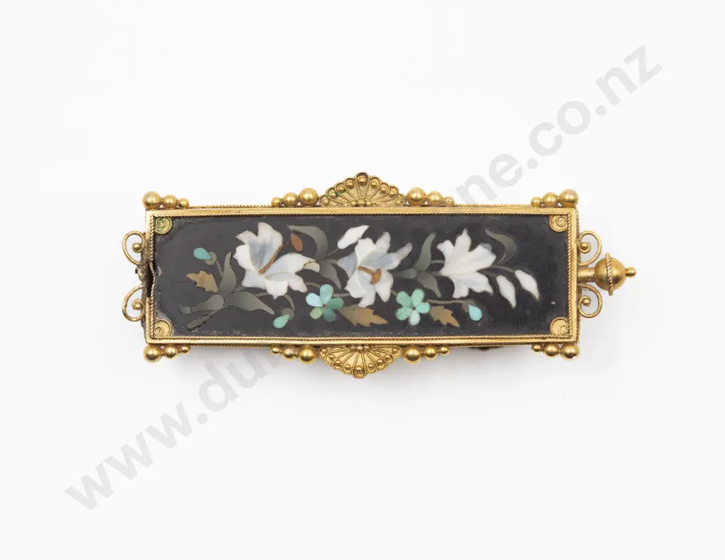 Victorian 15ct Framed Pietra Dura Rectangular Panel Brooch Image 1++