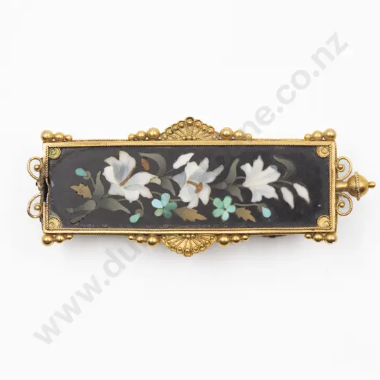 Victorian 15ct Framed Pietra Dura Rectangular Panel Brooch