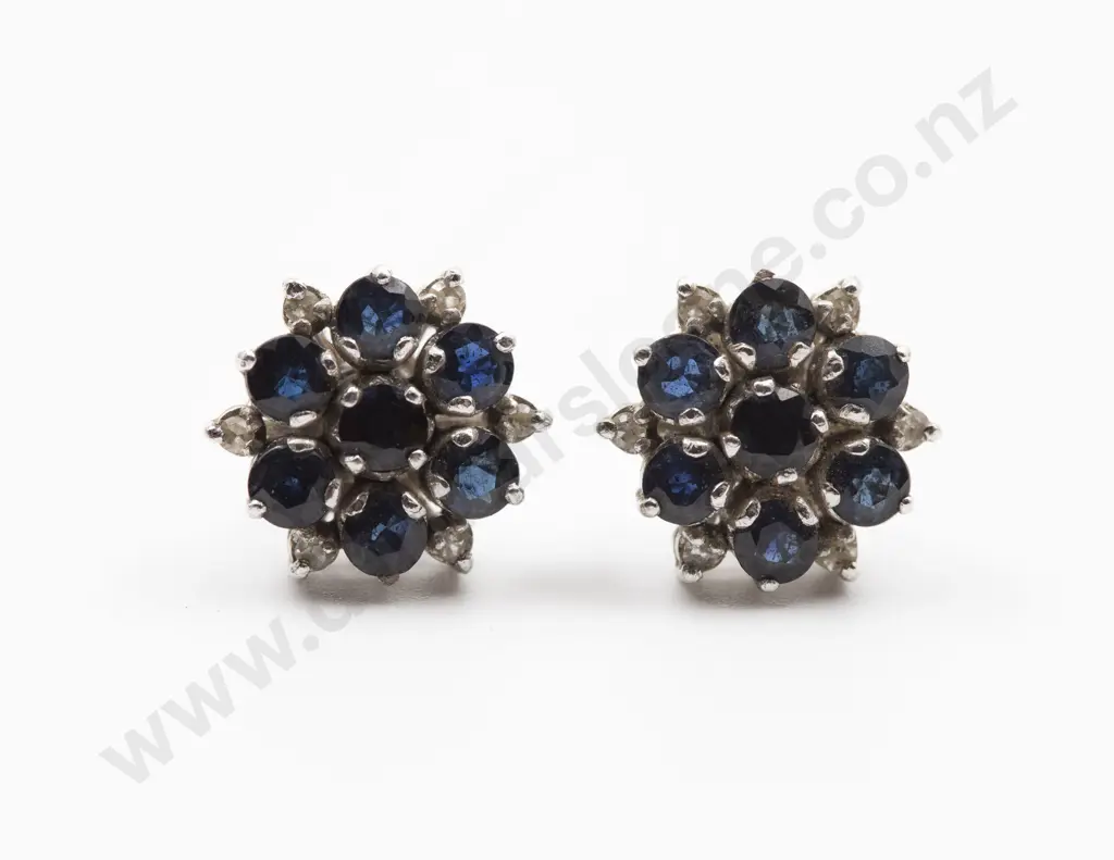 Pair 9ct White Gold Sapphire Cluster Earrings Image 1++