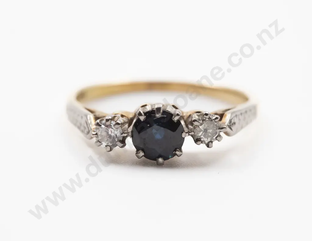 18ct Three Stone Sapphire and Diamond Bridge Ring Image 1++