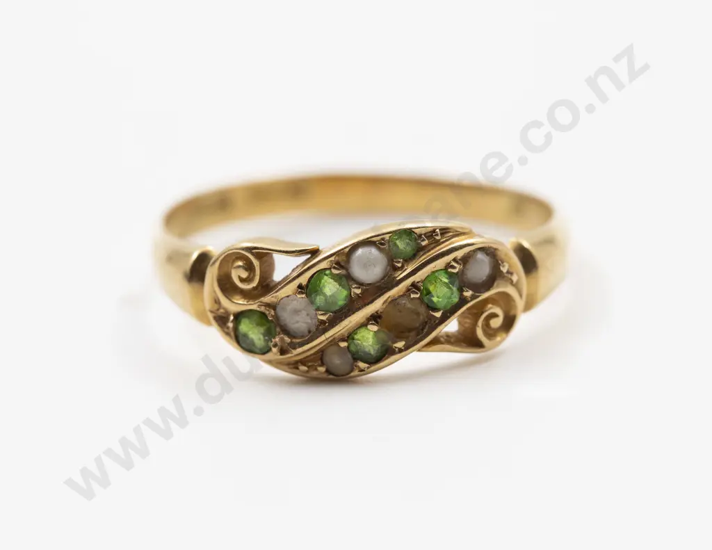 Victorian 18ct Ten Stone Peridot & Half Pearl Band Ring Image 1++