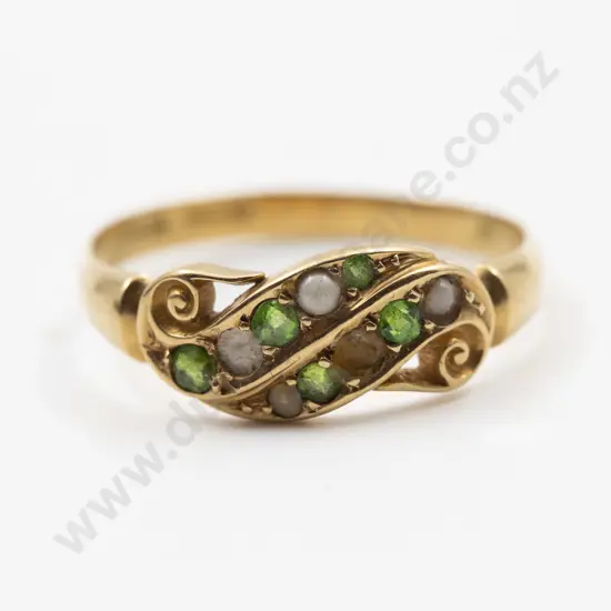 Victorian 18ct Ten Stone Peridot & Half Pearl Band Ring