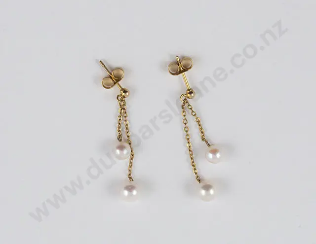 Pair 9ct Two Cultured Pearl Pendant Drop Earrings Image 1++