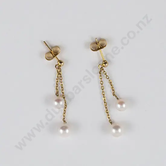Pair 9ct Two Cultured Pearl Pendant Drop Earrings