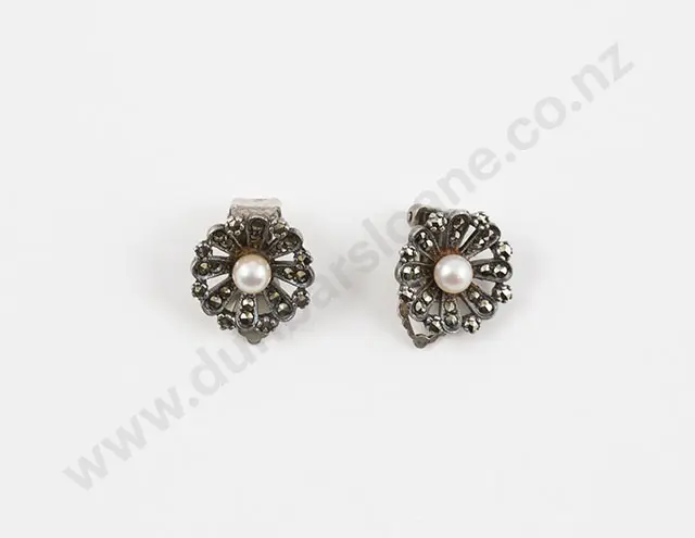 Pair Mid C20th S/S Marcasite and Single Cultured Pearl Floret Cluster Earrings Image 1++