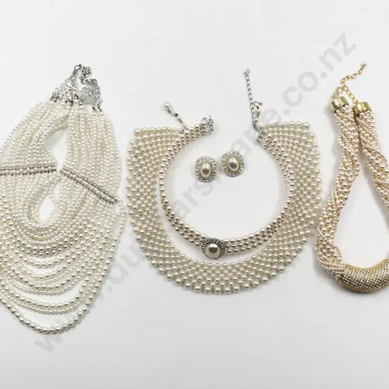 Four Imitation Pearl Fashion Chokers and single Pair Earrings
