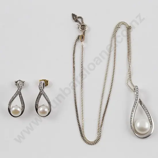 Steward Dawson .925 Silver Freshwater Pearl and Cubic Zirconia Swirl Pendant