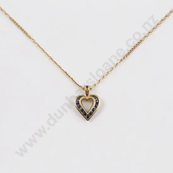 Stewart Dawson Boxed 9ct Sapphire Heart Pendant on 9ct Fine Neck Chain