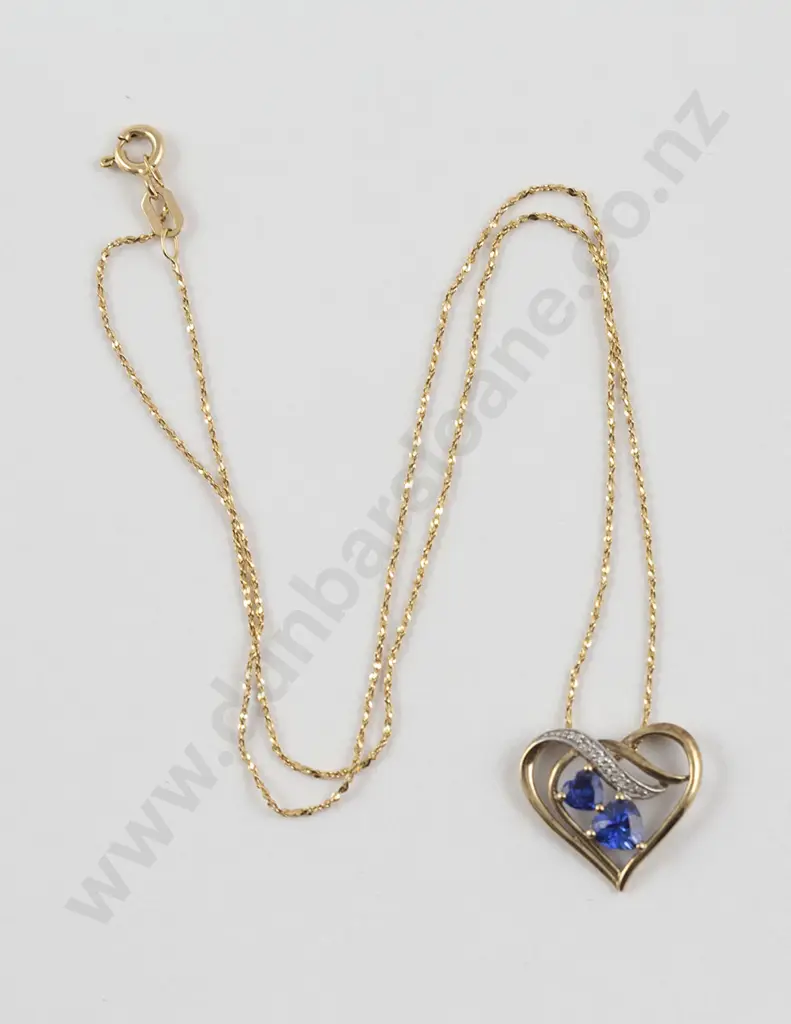 9ct Sapphire and Diamond Heart Pendant on Fancy Neck Chain Image 1++