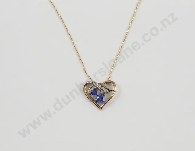 9ct Sapphire and Diamond Heart Pendant on Fancy Neck Chain Image 1++