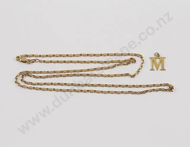 9ct Trace Link Neck Chain and 'M' charm pendant Image 1++