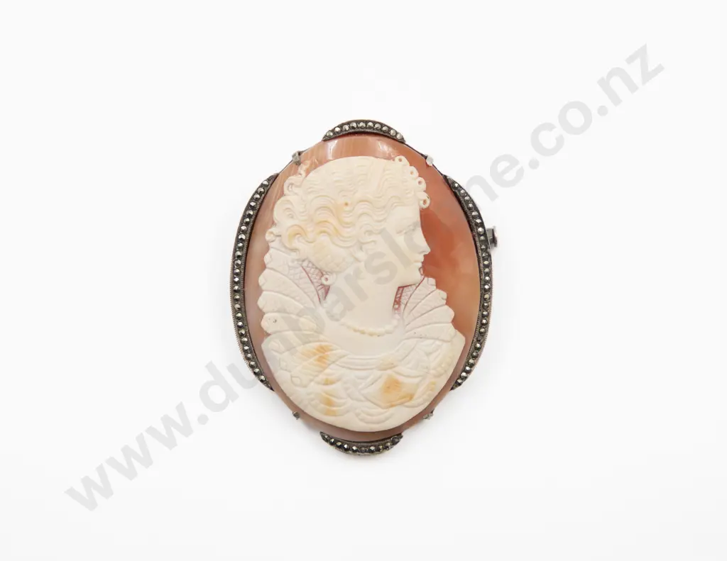 Mid C20th S/S and Marcasite Framed Portrait Cameo Brooch/Pendant Image 1++