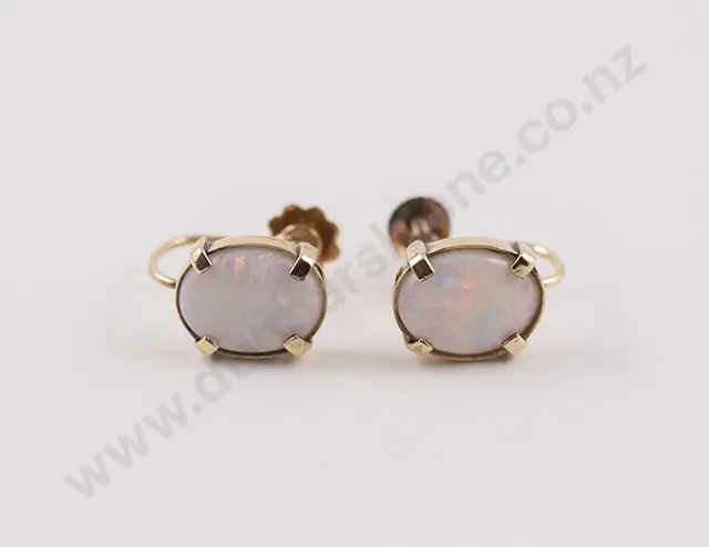 Pair 9ct Single Stone White Opal Cabochon Earrings Image 1++