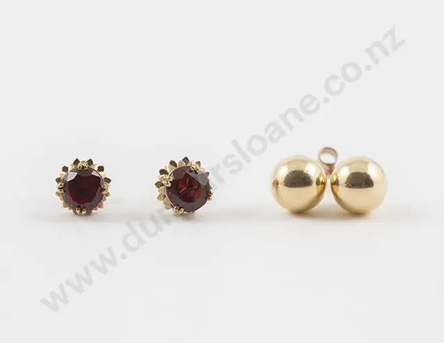 Pair 9ct Single Garnet Stud Earrings and Pair 'Ball' Earrings Image 1++