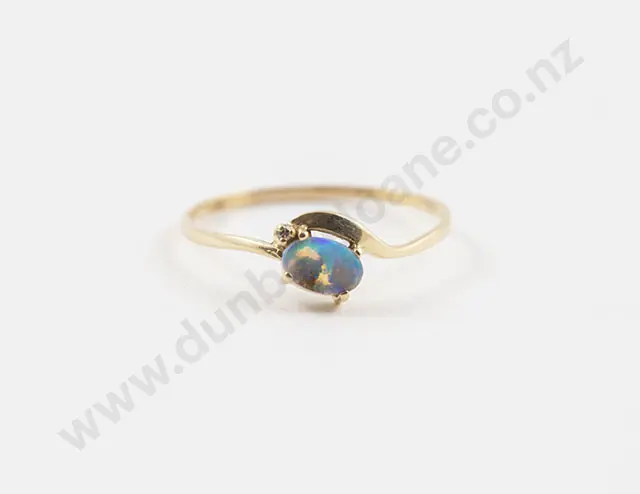 14ct Single Black Opal and Single Diamond Ring Image 1++