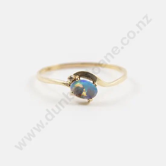 14ct Single Black Opal and Single Diamond Ring