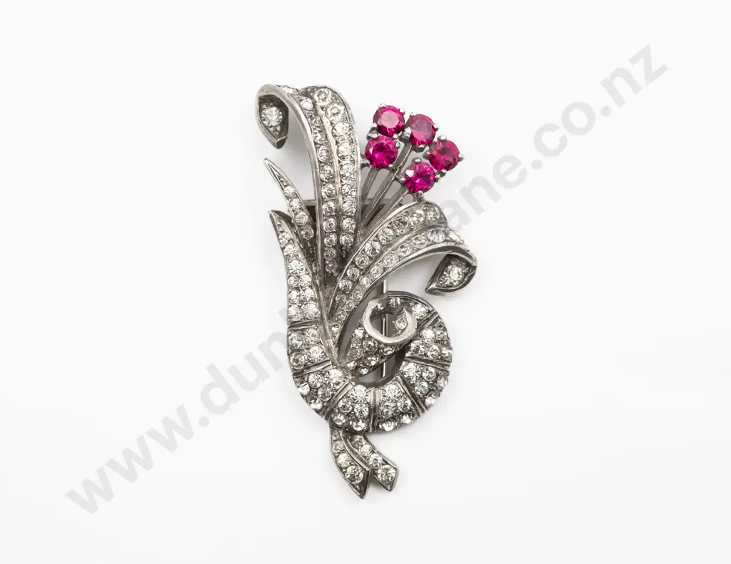 Vintage Silver Ruby & Diamond Paste Spray Brooch Image 1++