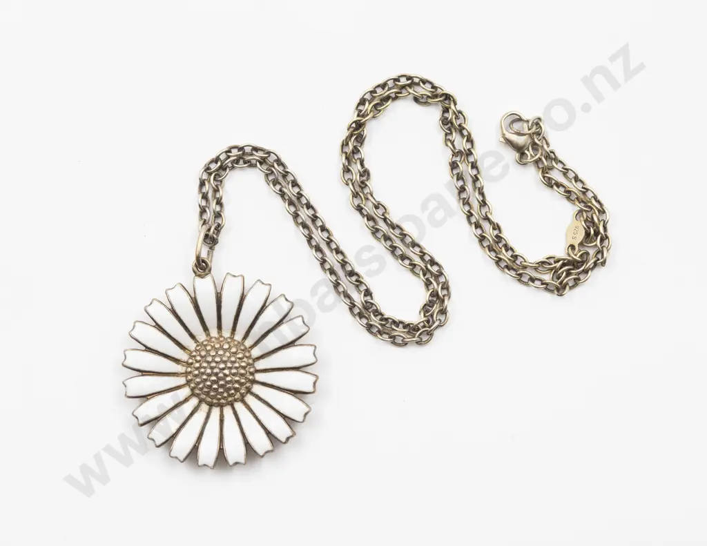 Danish Georg Jensen .925 Silver and White Enamel Daisy Pendant Image 1++