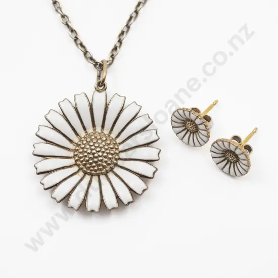 Danish Georg Jensen .925 Silver and White Enamel Daisy Pendant