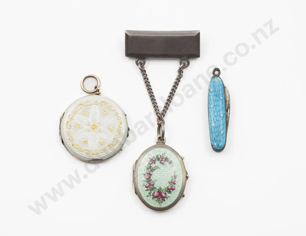 Two Early C20th S/S and Enamel Photo Lockets and Miniature Pocket Knife Image 1++