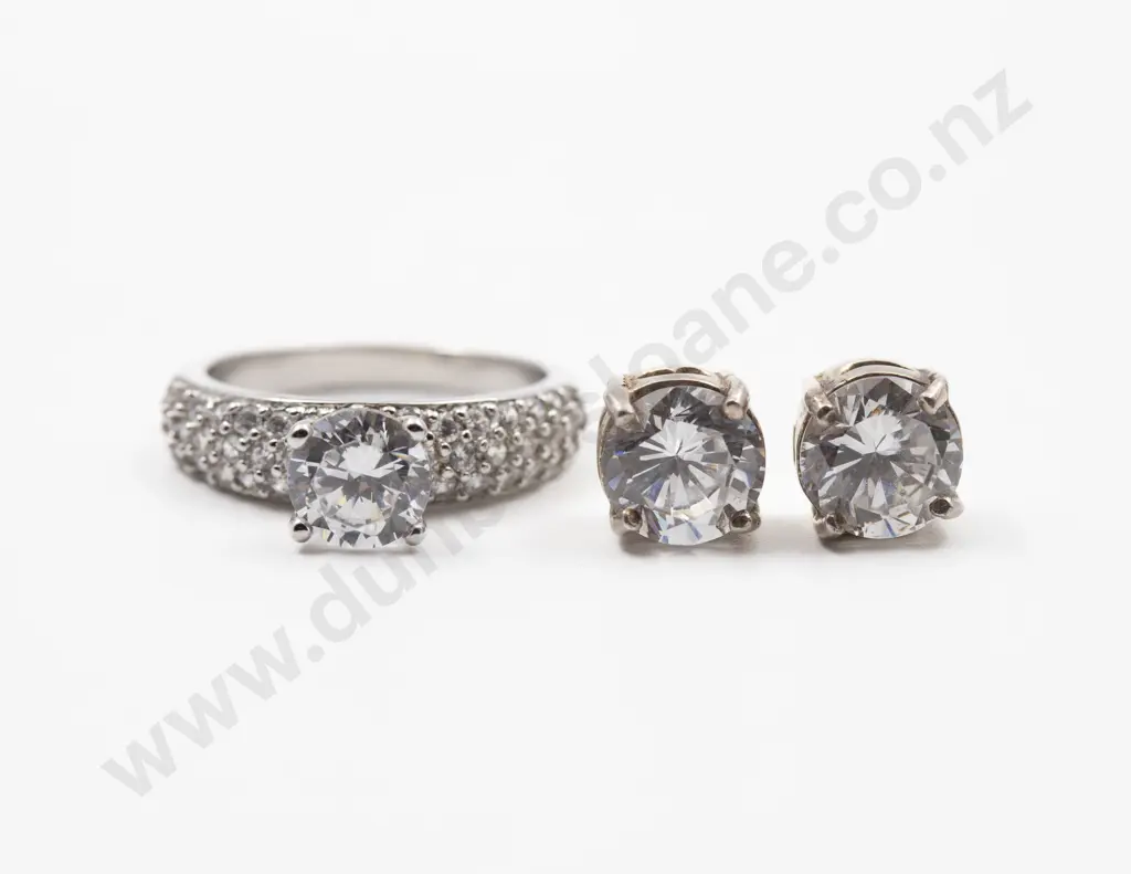 .925 Solitaire Imitation Diamond Ring and Stud Earrings Image 1++