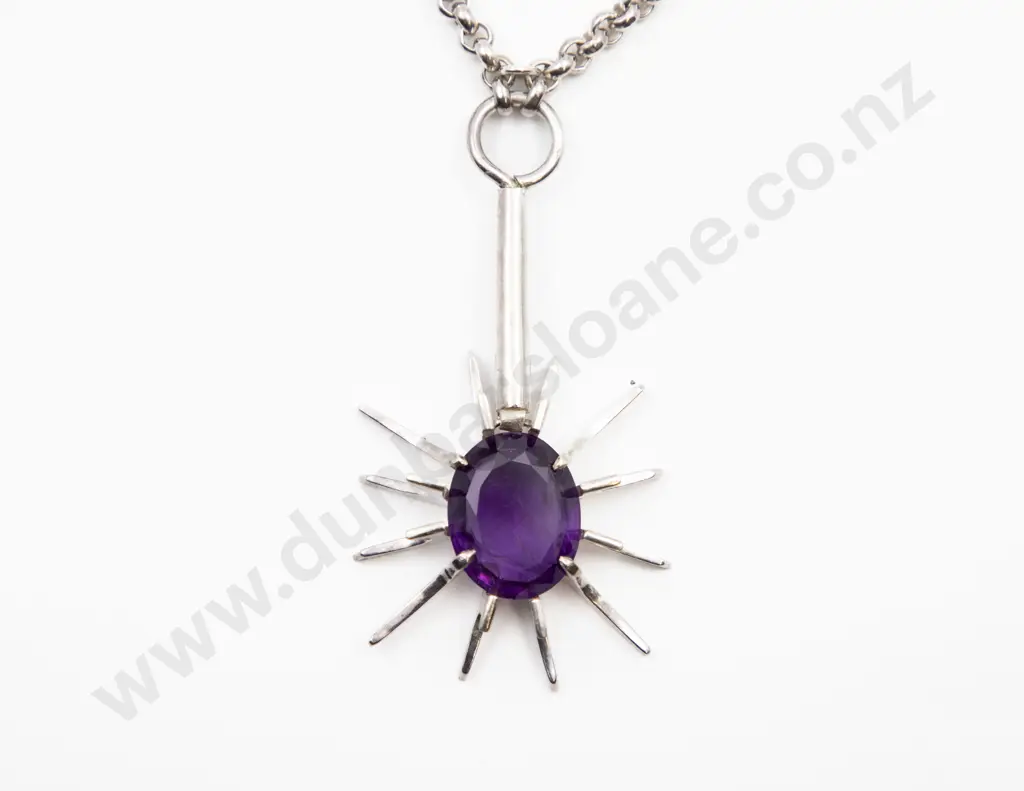 Unmarked Modern Design S/S and Amethyst Pendant on Trace Link Chain Image 1++